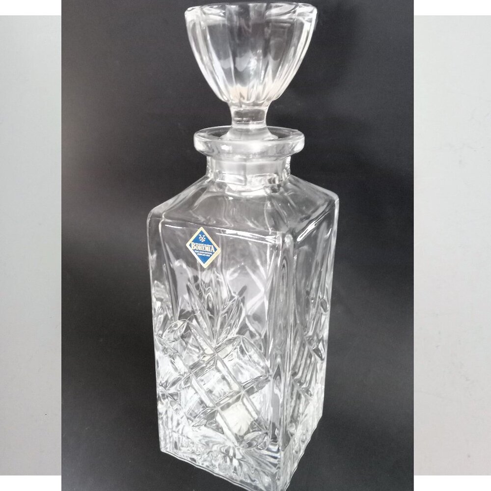 Vintage Bohemian Crystal Liquor Decanter Square Faceted Cut Glass